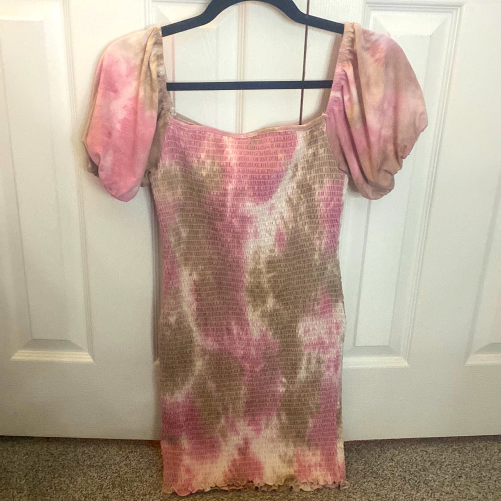 Smocked Bodycon Tie Dye Mini Dress with Puff sleeves